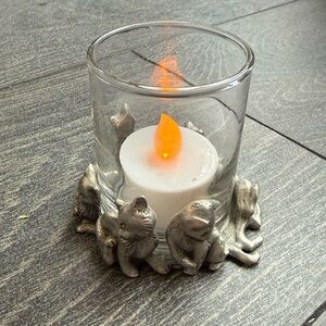 Vintage Pewter Cat Glass Candle Holder